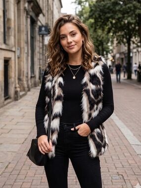Hot & Delicious Black & Cream Faux Fur Trim Vest